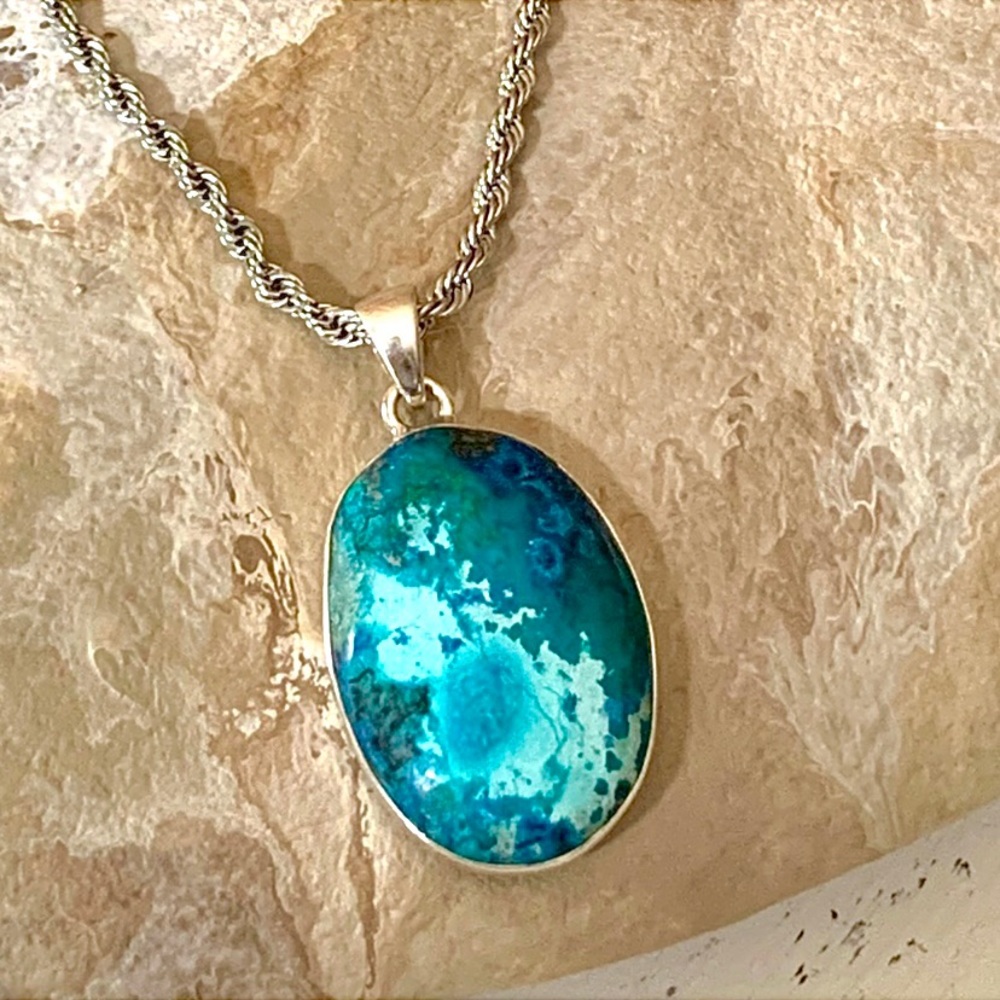 Entering Earth's Orbit Azurite & Chrysocolla Sterling Pendant